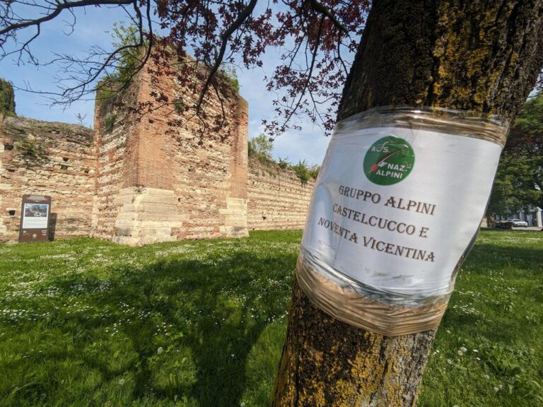 Cartelli abusivi comparsi sotto le mura di viale Mazzini, a Vicenza